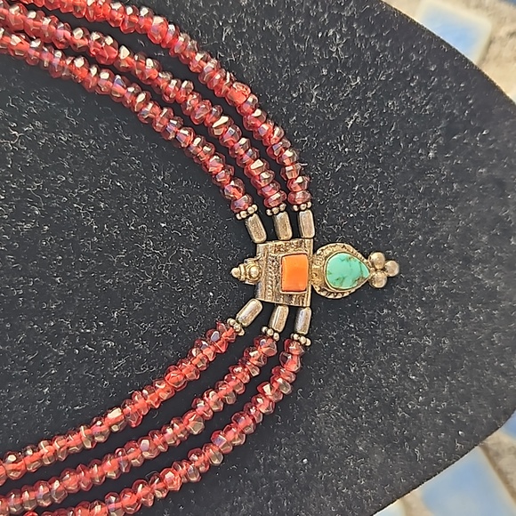 925 Sterling Silver Green Red Glass Beaded Coral/Turquoise Pendant - Picture 2 of 4